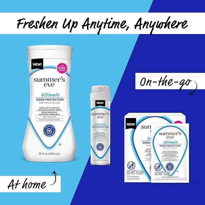Summer’s Eve Ultimate Odor Protection Feminine Care Set, Wash, Wipes & Freshening Spray, with Boric Acid Complex, pH Balanced, 15 Ounce Wash, 12 Count Wipes, 2 Ounce Spray (Variety Pack of 6)