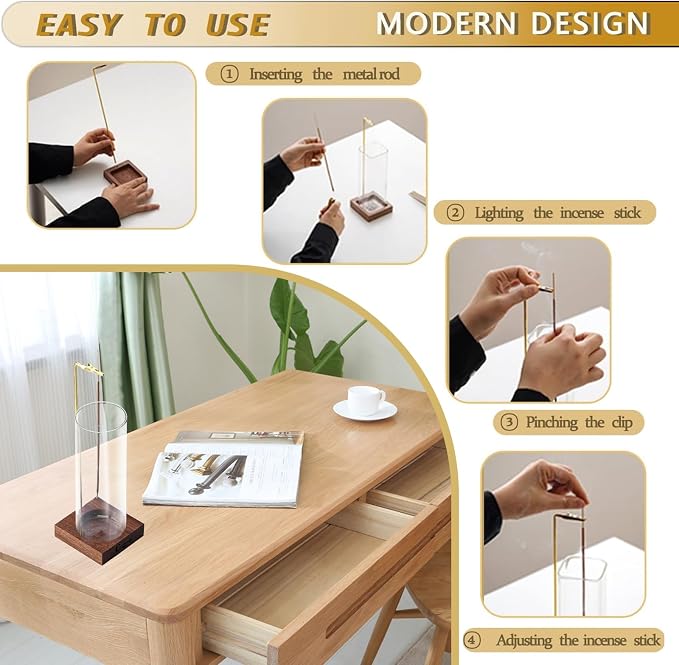 Ceremony Incense Holder, Wooden Incense Holder for Sticks with Glass Ash Catcher Inverted Scent Holder