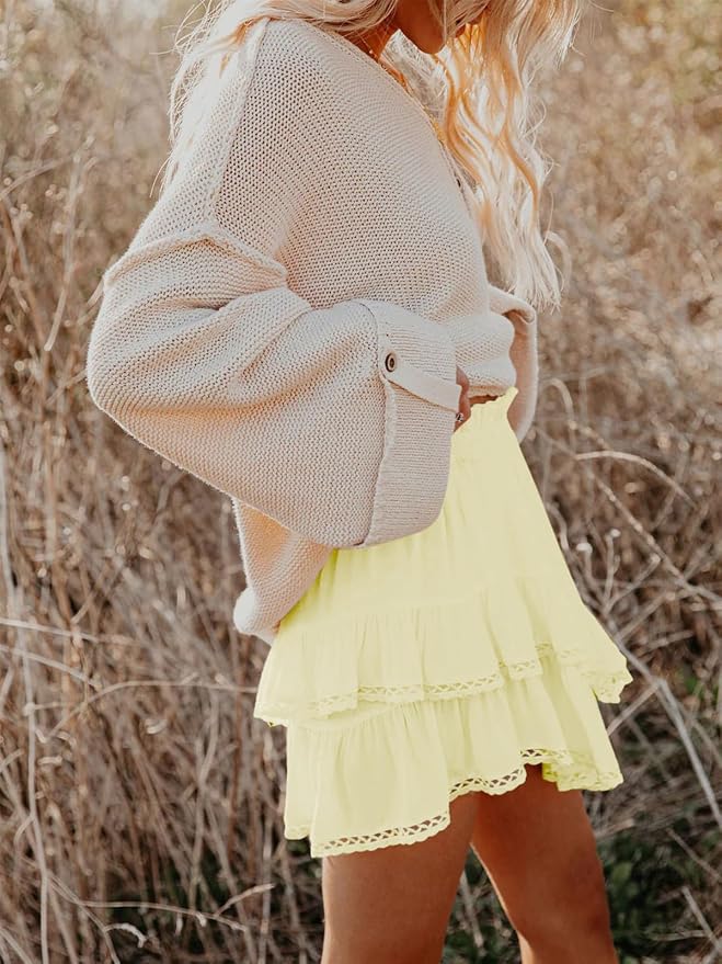 Flowy Shorts for Women Casual Boho Ruffle Tiered Skorts High Waist Mini Skirts Golf Tennis Crochet Shorts