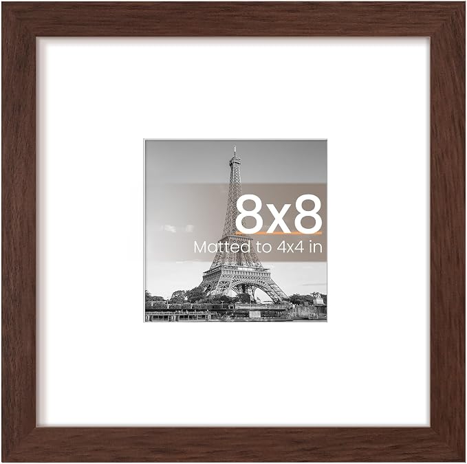 upsimples 8x8 Picture Frame, Display Pictures 4x4 with Mat or 8 x 8 Without, Wall Hanging Photo Frames, Brown, 1 Pack