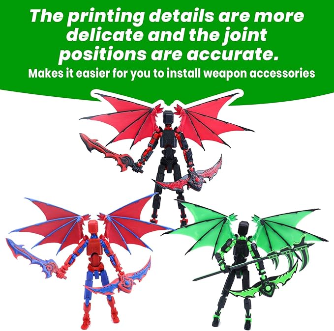 Titan 13 Robot Action Figure,Dummy 13,Articulated Robot with Demon Wings, 3D Printed robo 13 Action Figure Articulated (Bamboo Green)