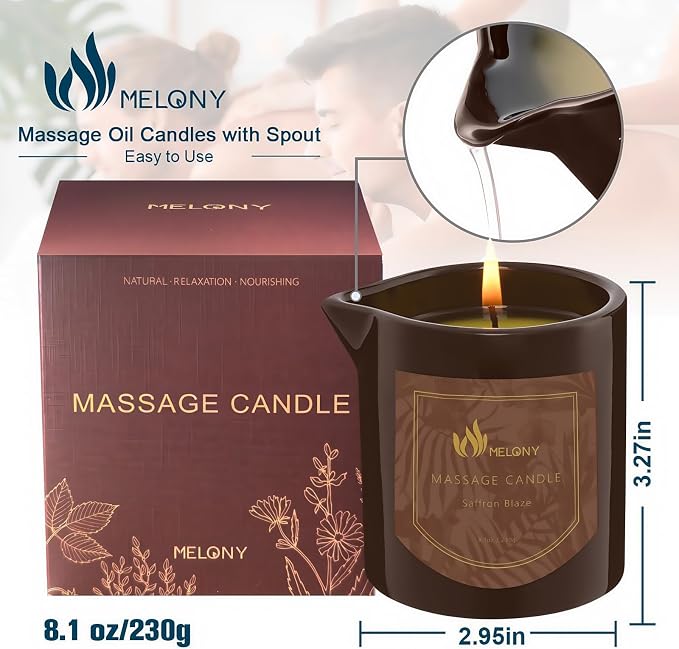 MELONY Massage Oil Candle, Saffron Blaze, 8.1 oz | Pure Relaxation, Moisturizing Essential Oil, For Home Spa, Gift For Women & Men