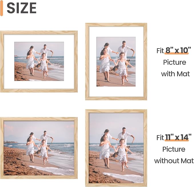 upsimples 11x14 Picture Frame, Display Pictures 8x10 with Mat or 11x14 Without Mat, Wall Hanging Photo Frame, Natural Style, 1 Pack