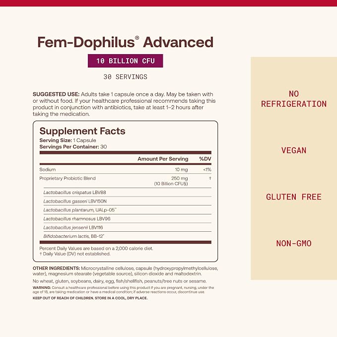 Jarrow Formulas Fem-Dophilus Advanced Vaginal & Digestive Probiotics 10 Billion CFU with 6 Science Backed Strains, for Vaginal, Urinary Tract, Digestive & Immune Support, 30 Capsules, Shelf-Stable