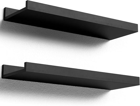 Boswillon Floating Shelves Set of 2, Small Wall Shelf with Lip, 16in, Black | Display Ledge Shelf for Room Wall, Wall Decor Shelves for Bathroom, Living Room, Bedroom, Kitchen, Nursery Room, Modern, Wood