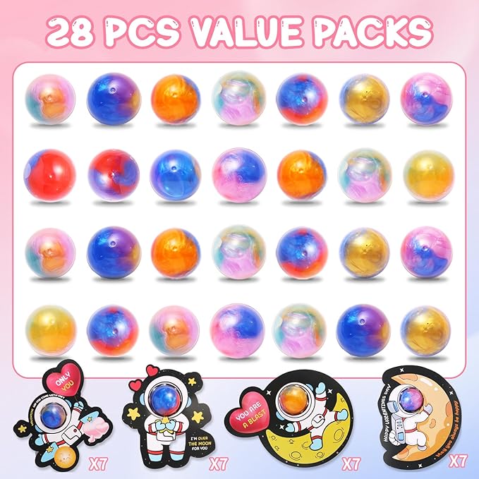 28 Pack Valentines Day Cards for Kids School with Galaxy Slime Stress Relief Fidget Toys - Classroom Valentines Gifts for Kids, School Classroom Exchange, Class Party Favors