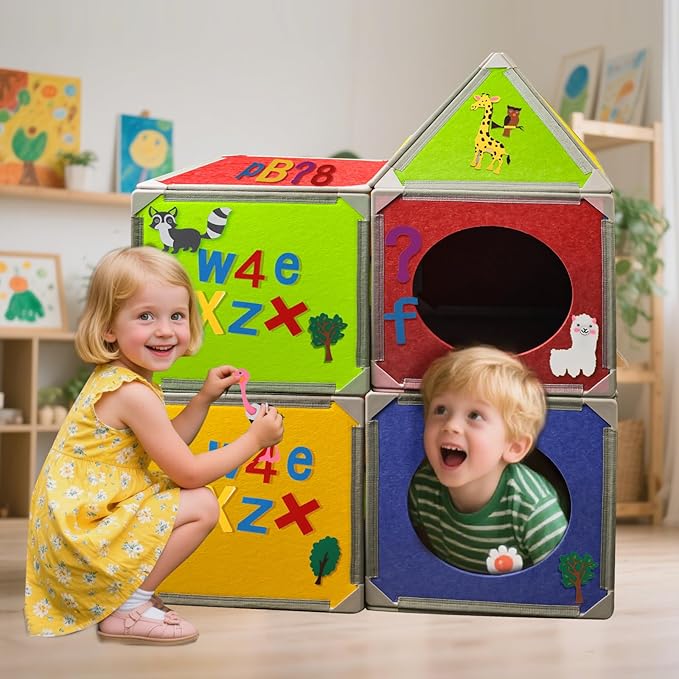 Magnetic Fort Building Panels – 16PCS Upgraded Felt Panels with Alphabet, Number & Animal Stickers, Kids Magnetic Playhouse Construction Toy Set for Creative Fort Building