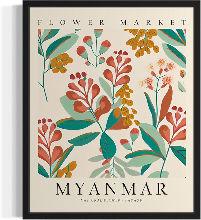 Myanmar Flower Market Art Print Poster, Wall Art Floral Painting Botanical Decor for Bedroom, Kitchen, Bathroom Livingroom Decoration 82B (Myanmar, 20"L x 16"W, Unframed)