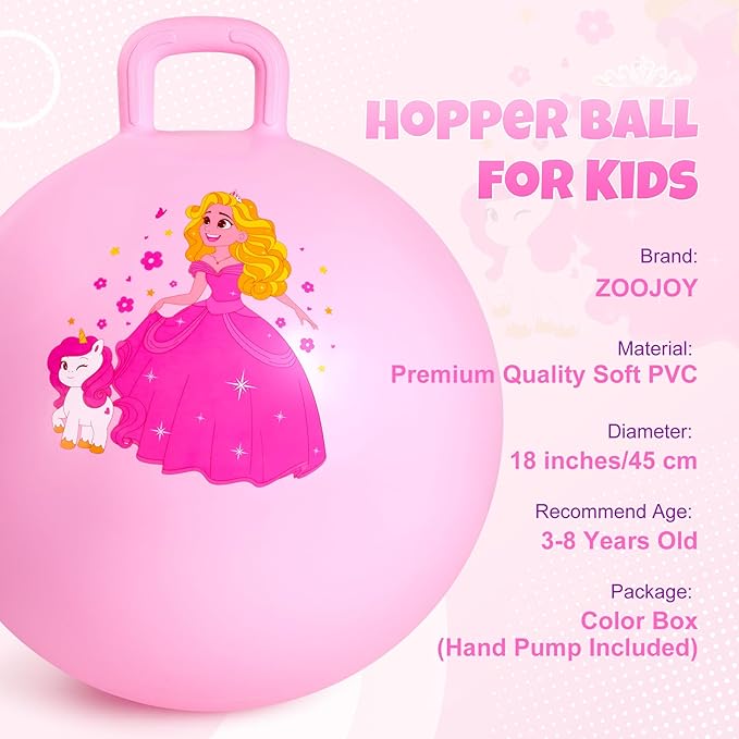 ZOOJOY Princess Hopper Ball, 18 Inch Bouncy Ball with Handle for Kids Aged 3-8, Inflatable Jumping Toys for Girls Boys, Pink Hopping Toys Gift with Pump