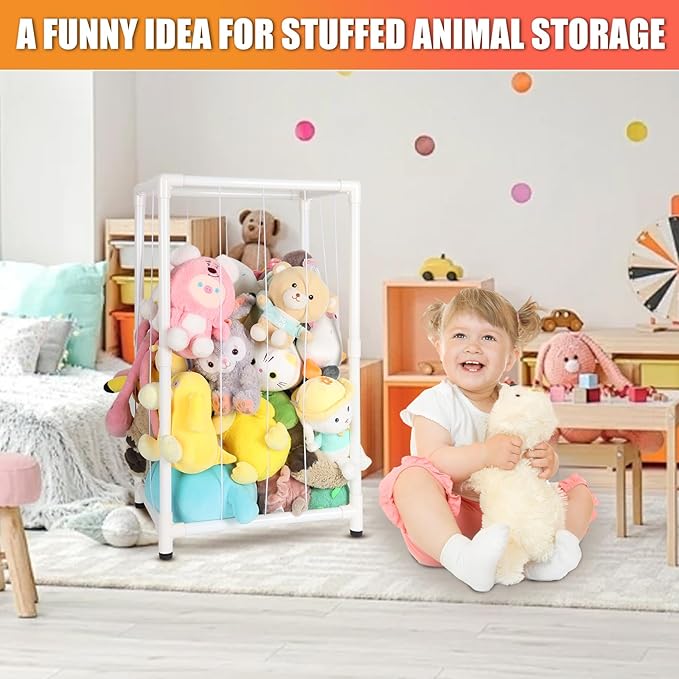 Stuffed Animal Storage Zoo Stuffed Animal Holder,Off-Ground and Space Save Vertical Stuffed Animals Organizer PVC with Elastic for Bedroom Playroom Nursery (White, small)
