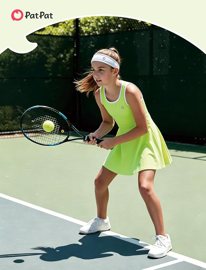 PATPAT Girls Athletic Dress Tennis Summer Outfit with Headband & Shorts | Quick-Dry RapidAir-C Fabric, Lightweight Breathable Golf Dress, Sweat-Wicking 2 Piece sets, Two Hidden Pockets