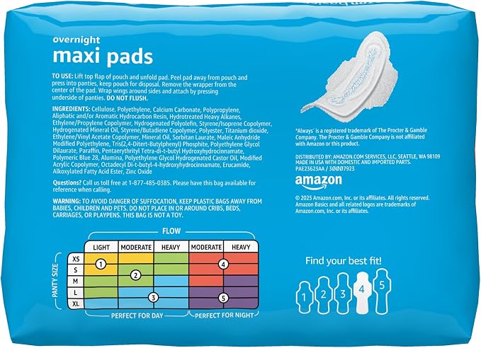 Amazon Basics Thick Maxi Pads with Wings for Periods, Overnight Absorbency, Leak Protection, Super Absorbent, Unscented, Size 4, 28 Count