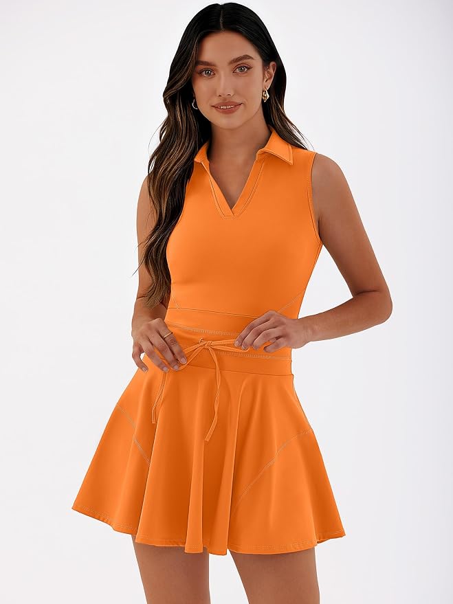 Caracilia Women's 2 Piece Tennis Dress Set-Polo Neck Sleeveless Mini Dresses with Shorts,Golf Casual Workout Athletic Sports