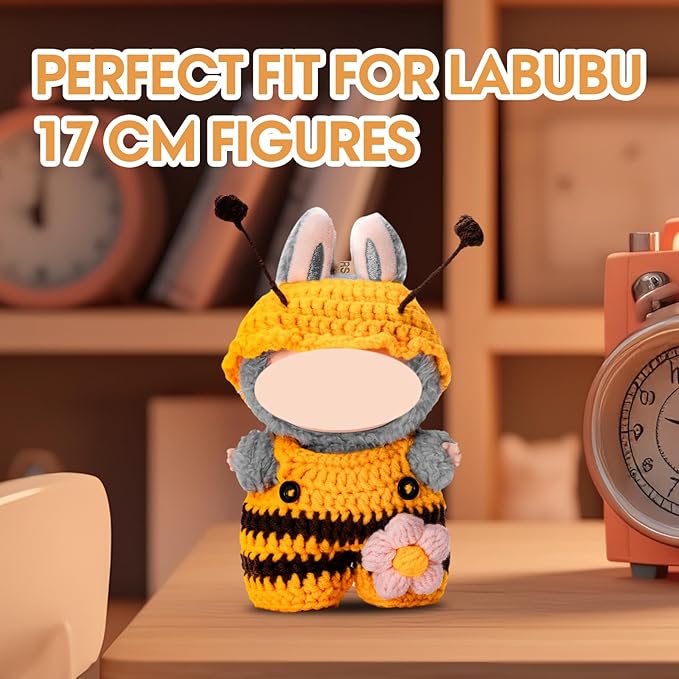 Hand-Crocheted Clothes for Labubu Clothes/for Labubu Outfits, 2-Piece Clothes Set for 17cm Lububu Doll, Doll Clothes Designer Accessories for La Bubu, Sweaters & Hat.(Bee Theme)
