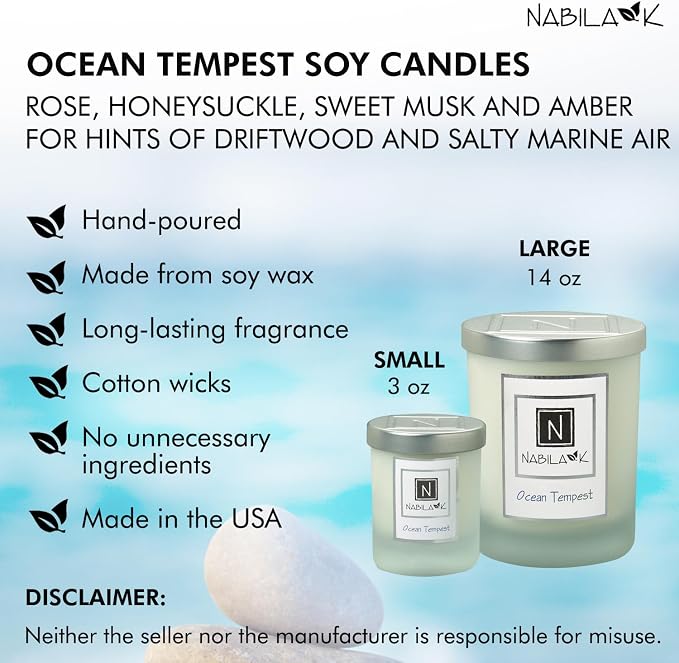 Nabila K – Ocean Tempest - Soy-Based Candle – Rose, Honeysuckle, Sweet Musk, Amber - Hand-Poured - Cotton Wick - Aromatherapy Candle w/Essential Oils - Made in USA - 3 oz