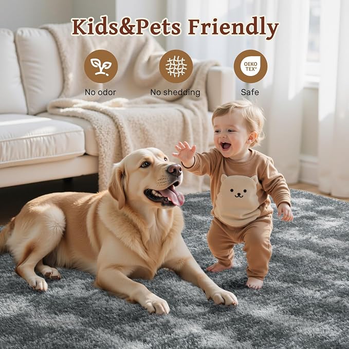 Area Rugs for Living Room 8x10 Feet, Soft Fluffy Shagg Plush Bedroom Rug Non-Slip,Large Carpet for Nursery Kids Dorm Home Decor Rippling Grey