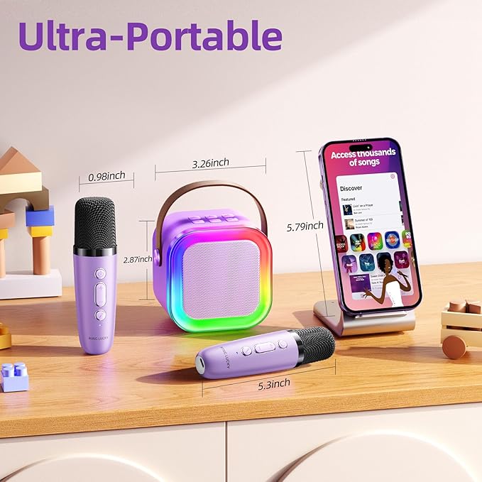Kinglucky Mini Karaoke Machine for Kids, Top Birthday Gift Pick for Girls Ages 3, 4, 5, 6, 7, 8, 9, 10, 11, 12 Years Old, Kids' Personal Video Players Accessories with 2 Mics & 5 Voice Effects, Purple