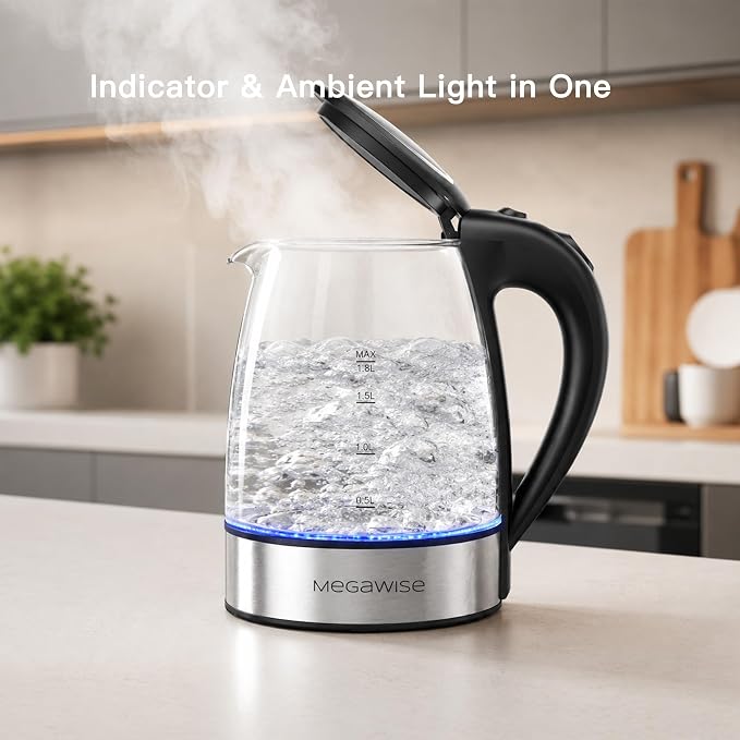 MEGAWISE Electric Kettle, No Plastic Contact with Water, Auto Shut-Off, Fast Boil, 1.8L Electric Glass Kettle, Hot Water Boiler, Tea Kettle, Borosilicate Glass, Black, 1000W