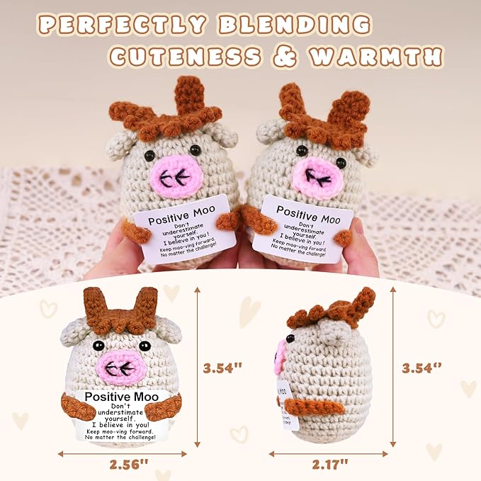 PARTY TONIGHT Funny Positive Crochet Animals Cow Gifts,Handmade Knitted Positive Moo for Women Men Lover Emotional Support Crochet Cow Inspirational Birthday Office Home Decor