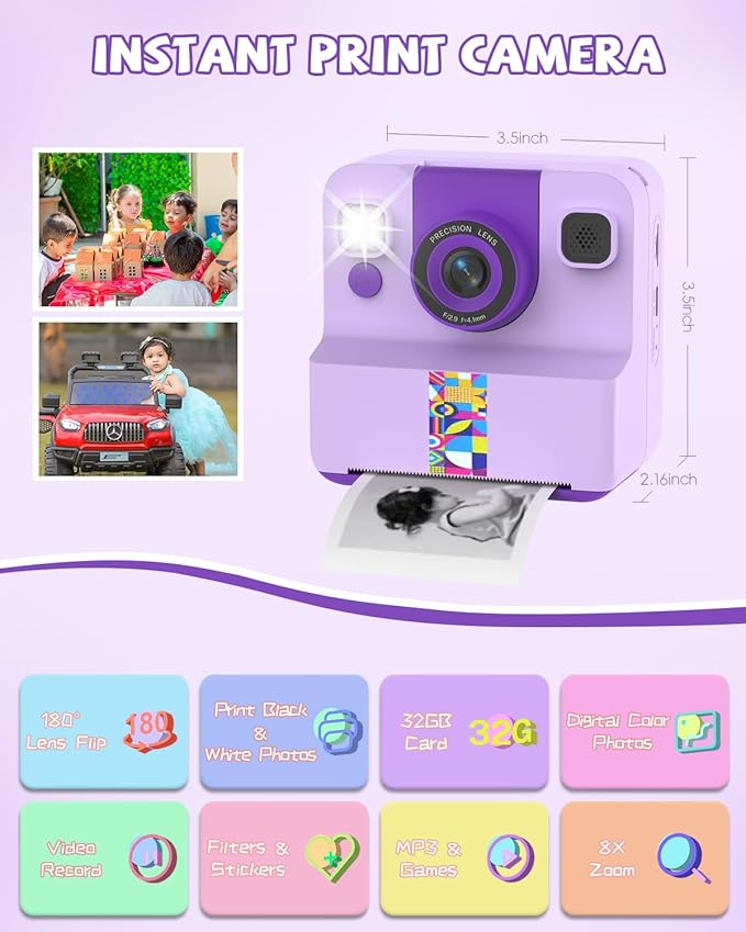 Kids Camera Instant Print, Digital Camera for Kids, 180° Rotating Selfie Lens with 32GB SD Card & 2 Rolls Printing Paper Kids Toy Birthday Gifts for Boys Girls Ages 3-12, Purple