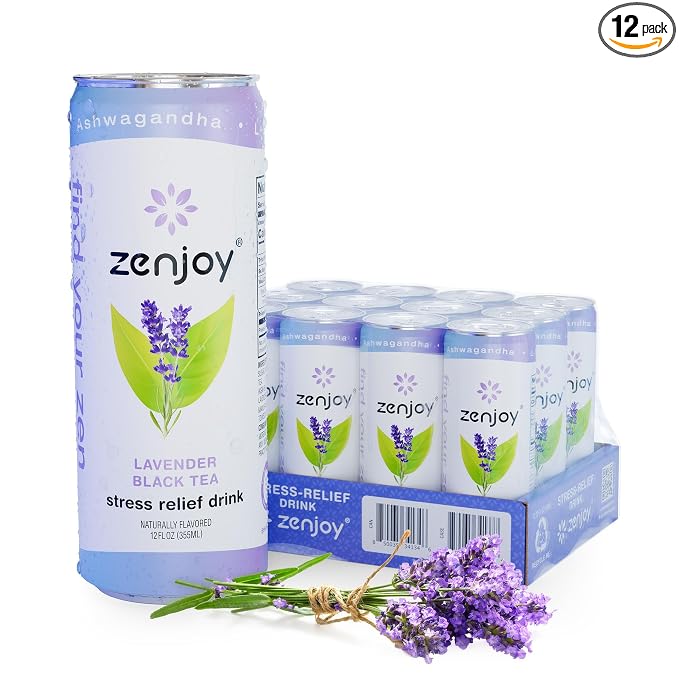 Zenjoy Adaptogen Drink Stress Relief Tea | Non Alcoholic Calming Drink w/Ashwagandha, Lemon Balm & L-Theanine for Focus | Stress Tea Calming Social Mocktail with Adaptogens (12 Pack, Lavender)