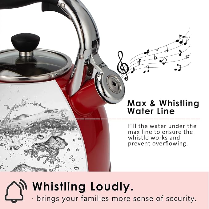 Rorence Whistling Tea Kettle: 2.5 Quart Stainless Steel Kettle for Stove Top with Capsule Bottom & Heat-resistant Glass Lid (Red)