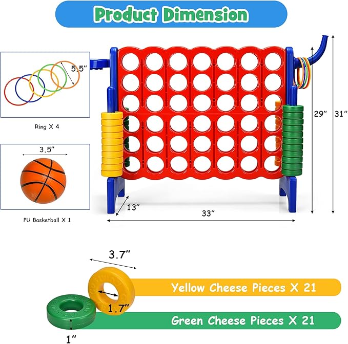 COSTWAY Jumbo 4-to-Score Giant Game Set for Kids & Adults, 2.5Ft Indoor Outdoor Game with Basketball Hoop, Ring Game, 42 Jumbo Rings, Quick-Release Slider, Perfect for Birth & Holiday Party