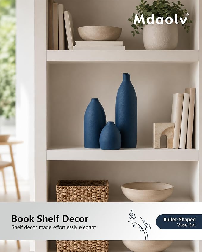 Mdaolv Matte Blue Vase Set Navy Blue Decor Coastal Decor Vases for Kitchen Island Living Room Office Table Fireplace Mantle Decorations & Bathroom Shelf Decor Centerpiece Table Decorations Ceramic