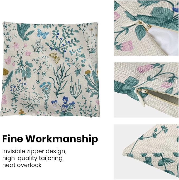 AEIOAE Spring Pillow Covers 20x20 Inch Set of 2,Blue Teal Wild Flower Plant Throw Pillows Case,Seasonal Floral Outdoor Decorative Square Linen Farmhouse Decor Cushion Covers for Home Sofa Bed Couch