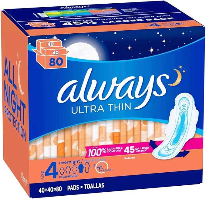 Always Always Ultra Thin Size 4 Overnight Pads with Wings Unscented 80 Ct.