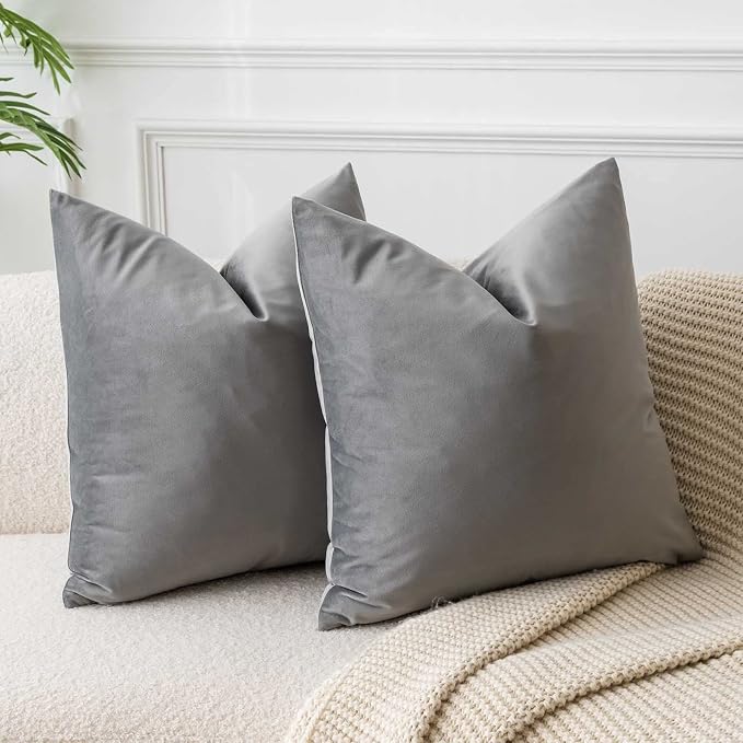 Throw Pillow Covers Set of 2 for Couch Bed Velvet Cushion Cover 14x14,Gray | Decorative Pillow Covers with Invisible Zipper for Sofa Living Room Bedroom Home Decor Modern