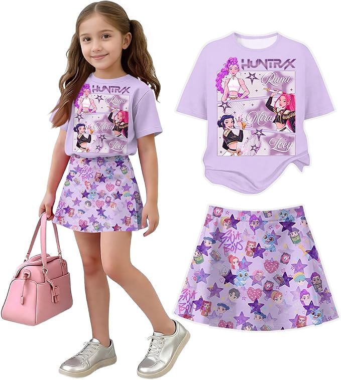 HTHLVMD K Pop Short Sleeve T-Shirt and Skirts Outfits Set for Girls Hunters Rumi Mira Zoey Graphic Tees De-Mon Costume