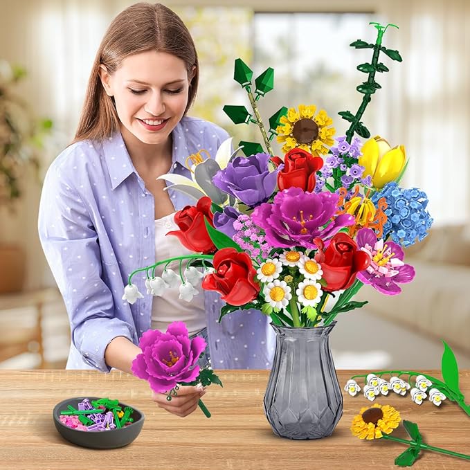 Flower Bouquet Building Set, 18 Flowers Rose Building Block, 1065 PCS Botanical Collection Building Block Toy Plant Home Decor, Gift for Her Adults Women Kids Boys Girls 12+