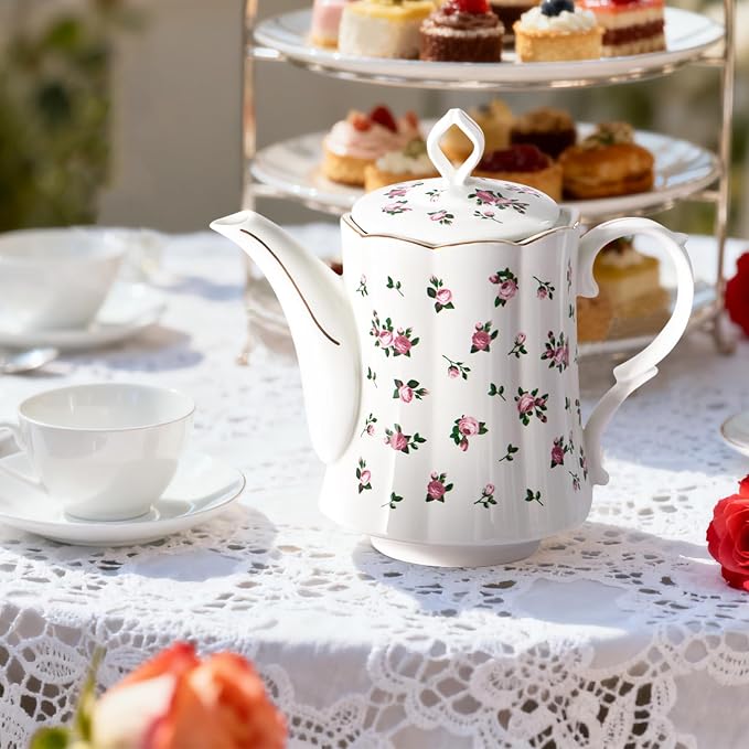 Vintage Floral Tea Pot with Infuser, 45oz, Ceramic Teapot with Tea Strainers for Loose Leaf Tea, Rose Teapots for Tea Party