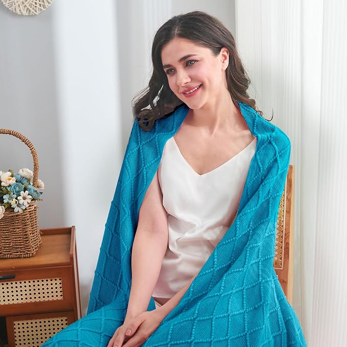 inhand Teal Knitted Throw Blanket for Couch and Bed, 50"x60" | Soft Living Room Home Decor Knitted Blanket, Tassel, Outdoor Lightweight Breathable Summer, Farmhouse Warm Woven Decorative