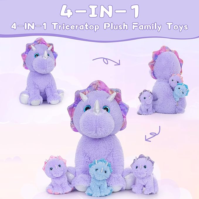 MaoGoLan Triceratops Stuffed Animal, 21" Purple Mommy Dinosaur Stuffed Animal with 3 Babies, Giant Dinosaur Plush Pillow Toy Set for Birthday Gift for Kids
