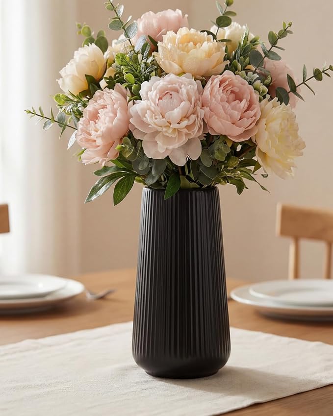 Black Ceramic Vase, 8 Inch Flower Vase for Pampas Grass, Modern Ribbed Decorative Vase with Narrow Opening for Living Room Table, Shelf Decor