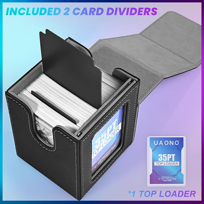 UAONO Card Deck Box with MTG Commander Display, Deck Case Holds 100+ Double-Sleeved Cards, Trading Card Storage Box Fits TCG/PTCG/Sports Card with 2 Dividers, 1 Top Loaders (Black)