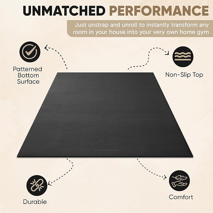 Gorilla Mats Extra Large Exercise Mat – 9'x6', 12'x6', 15'x6' (1/4" Thick) – Ultra Durable Workout Mat for Home Gym Flooring – Non-Slip, Flat Fitness, Yoga & Weight Lifting Floor Mat