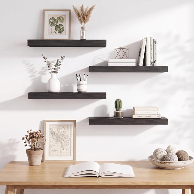 Fixwal Black Floating Shelves for Wall, Rustic Wood Shelves for Bathroom, Living Room, Bedroom and Kitchen, Wall Shelves for Storage, Books, Room Decor (Set of 4, 15.7 Inch)