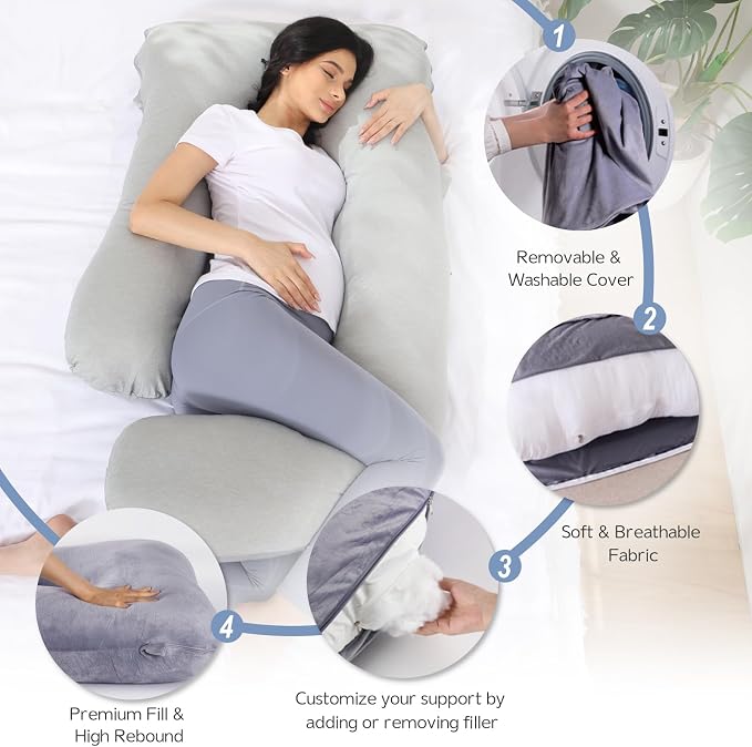 Pregnancy Pillow for Sleeping, Soft 57“ Full Body Maternity Pillow, U Shaped with Removable Washable Cover, Support for Back, Belly, Leg, Hip, Neck & Shoulder (Cooling Grey)