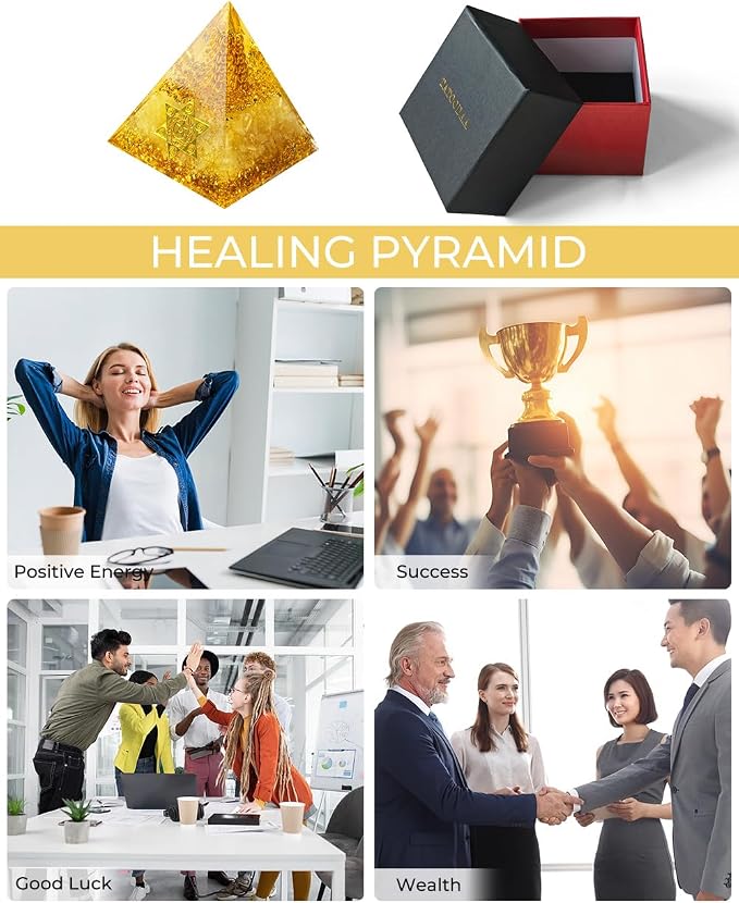 Healing Crystals Orgone Pyramid (Hexagram - Star of David) - Energy Generator for Positive Vibe, Stress Relief & Chakra Reiki Meditation - Spiritual Gift for Success, Wealth & Prosperity (Golden)