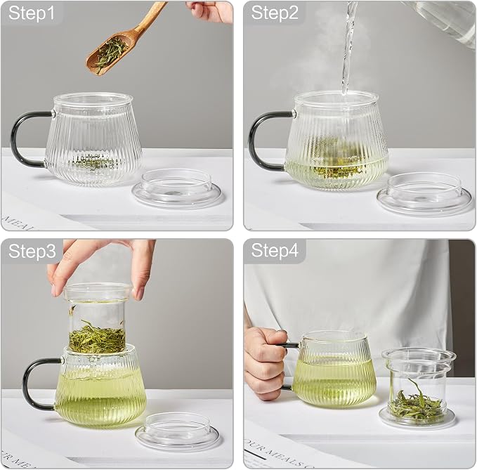 Lezero Tea Infuser Cup with Filter and Lids, Borosilicate Glass Mugs with Strainer for Blooming & Loose Leaf, Lead-free, Microwave & Dishwasher Safe, 14oz