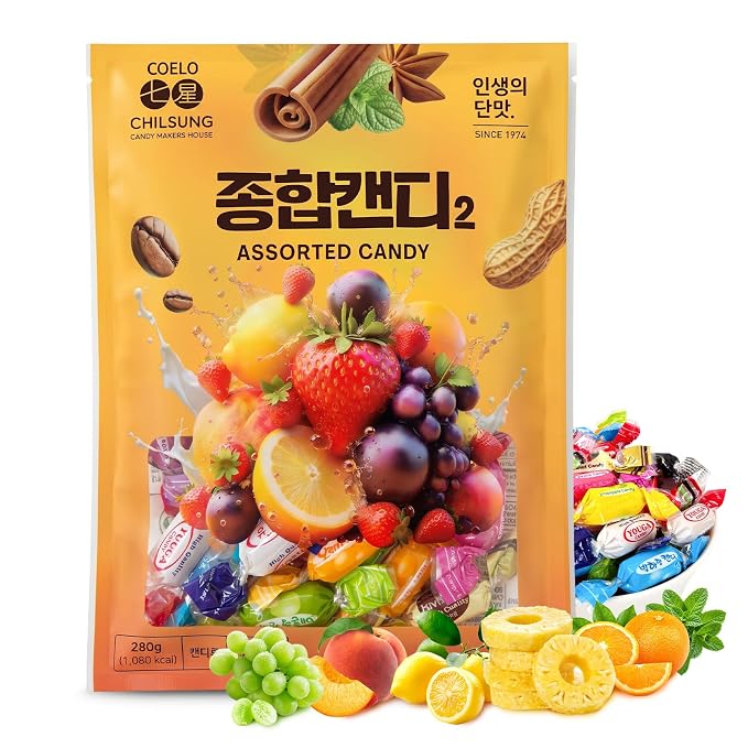 COELO Korean Assorted Hard Candy 280g (9.88oz) | Various 14 Flavors Include Fruits Mint Coffee Cola Milky | Party Camping Office Sweet Snack Hard Candy Individually Wrapped K-Food Variety Pack 종합캔디