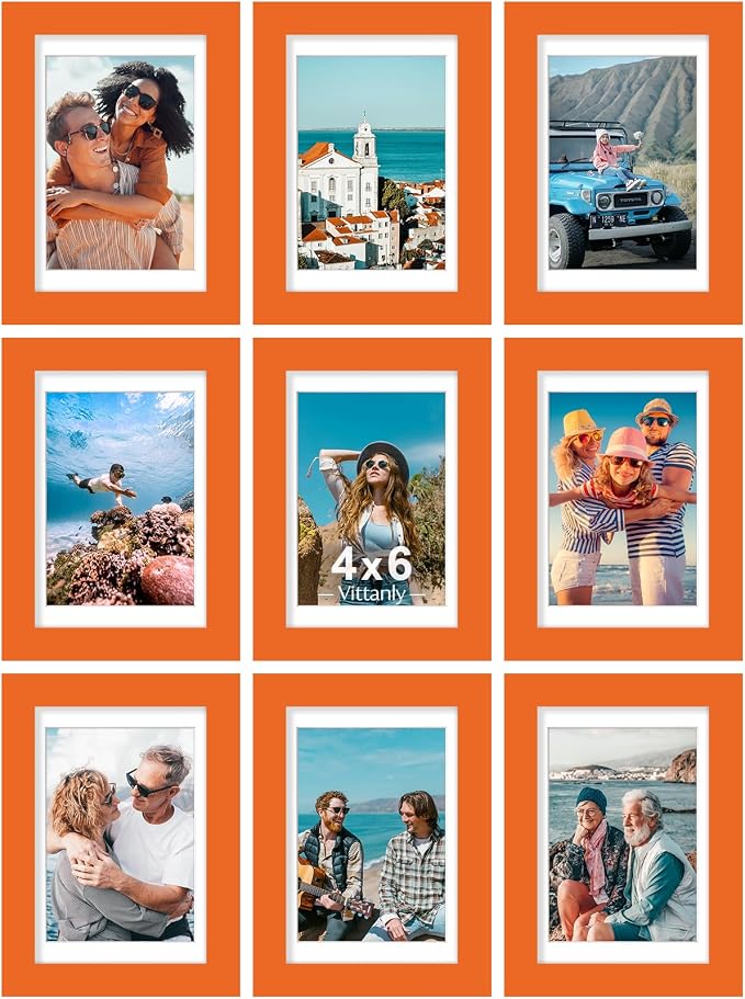 Vittanly 4x6 Picture Frames Set of 9 for Wall or Tabletop Display, Orange | Display Pictures 3.5x5 with Mat or 4x6 without Mat, Small Photo Frames, Engineered Wood with Shatter Resistant Plexiglass