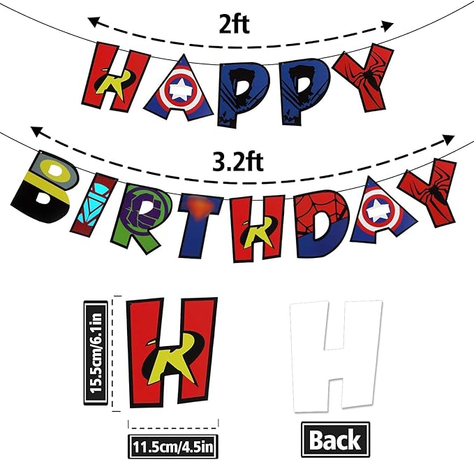 LINGTEER Superhero Decorations Set - Happy Birthday Bunting Banner Superhero Hanging Swirls Streamers Action Sign Perfect for Kids Birthday Party Decorations.