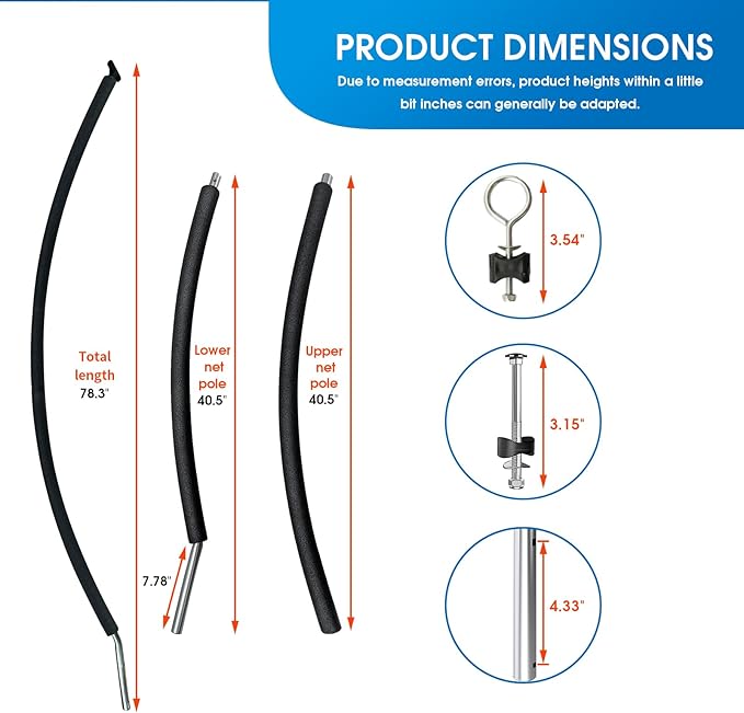 12Ft 8 Pcs Trampoline Curved Poles Replacement with Enclosure Net, Trampoline Curved Pole, Plastic T Connector, Fiberglass Rods, Mounting Hardware, Foam Covers