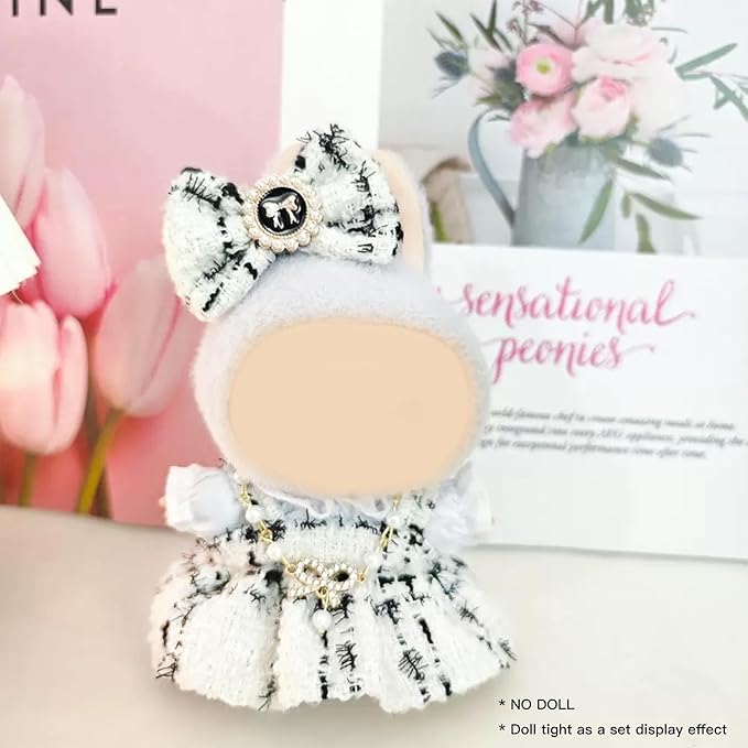 17cm Doll Clothes Set and Accessories Suit,(NO Doll) 5-Piece Set, Outfits for Clothes Set, Dolls Keychain Accessories, Includes Dress, White Clothes，Matching Hair Bow, Necklace, Bags(White)