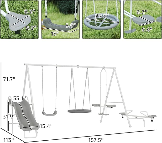 Outsunny Swing Set for Backyard, 5 in 1 Outdoor Playset for Kids with Heavy-Duty A-Frame Stand, 29.5" Saucer Swing, Slide, Teeter-Totter, Glider, 693 Lbs Load, Gray