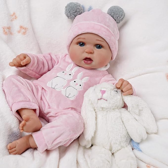 BABESIDE 2 Pcs Reborn Baby Doll Clothes with Hat for 17-22 Inch Babydolls, Cute Bunny Pattern Baby Dolls Outfits Accessories fit Newborn Babydoll Girls, Pink